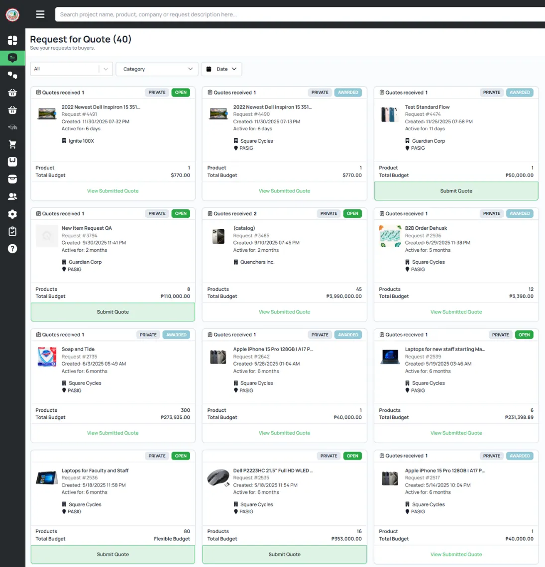 Quotable AI Request for Quote dashboard showing 40 buyer requests with product details and budgets