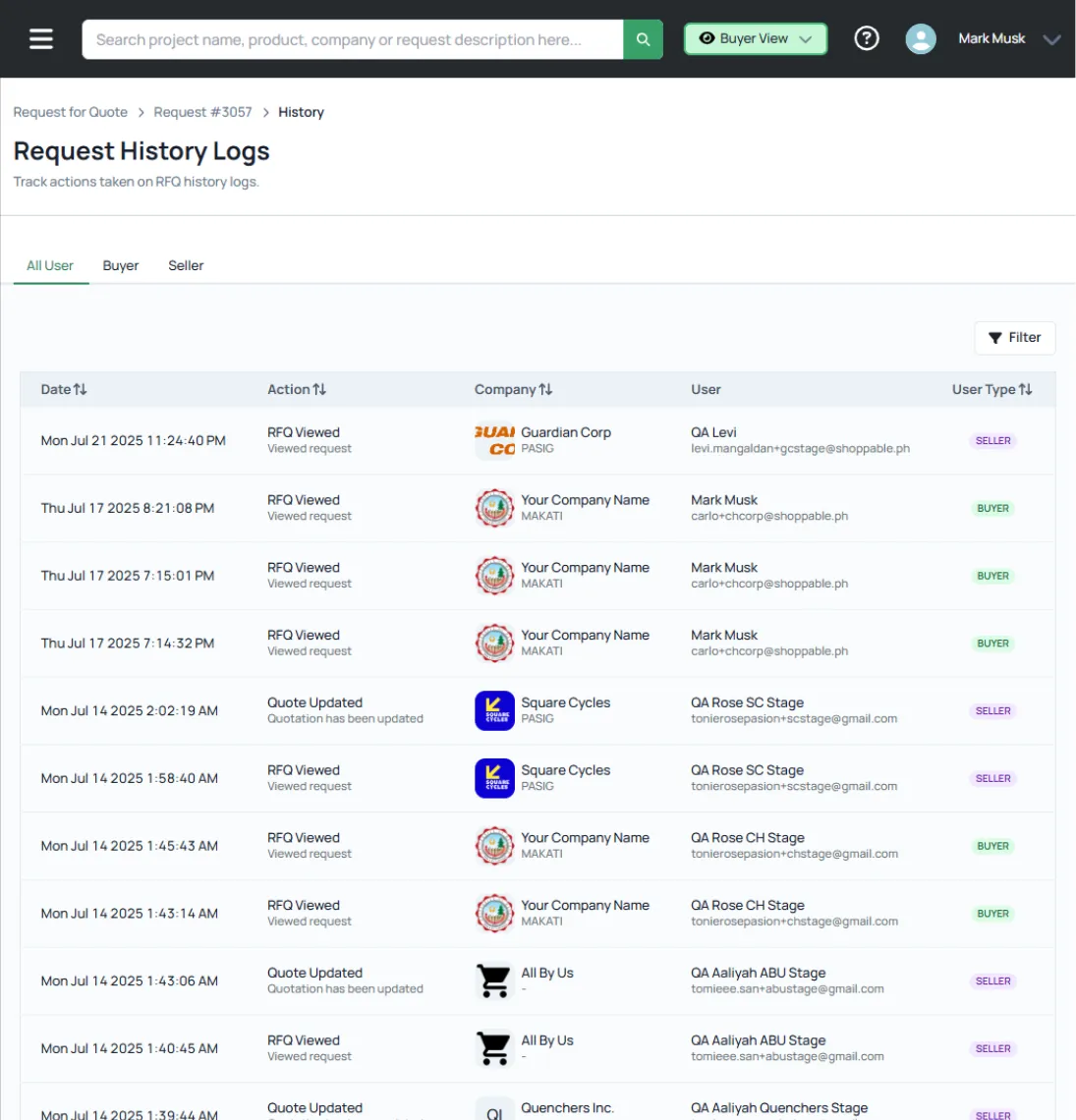 Quotable AI RFQ history logs showing user actions, timestamps, companies, and user types