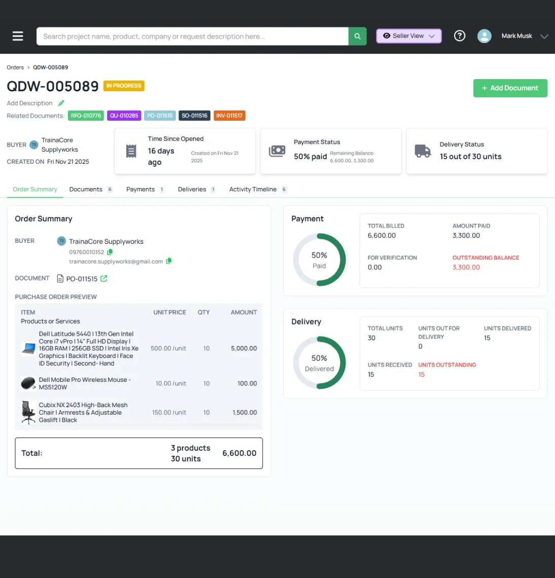 Quotable AI Purchase order QDW-005089 in progress showing 50% payment and delivery status details