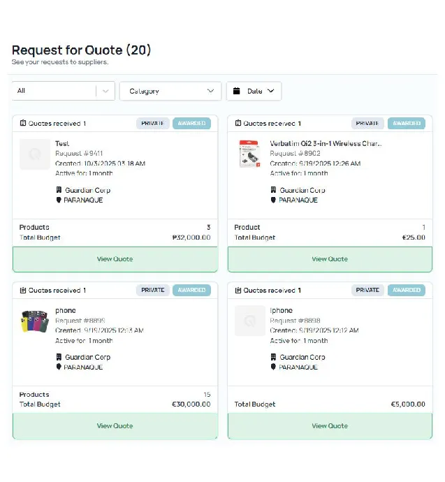 Request for Quote page displaying 20 supplier quotes with product details and budgets