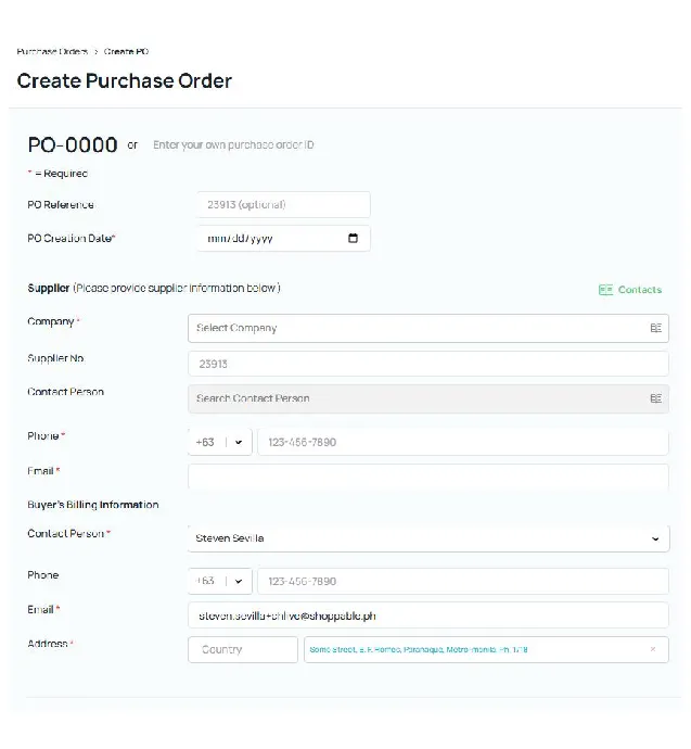 Create Purchase Order form with supplier and buyer billing information fields