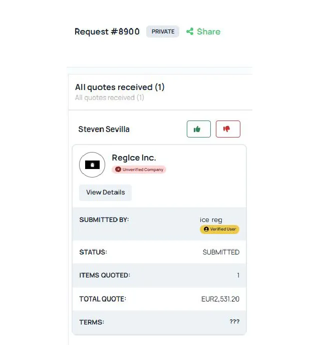 Quote request details for Regice Inc. showing submitted status and EUR 2,531.20 total price