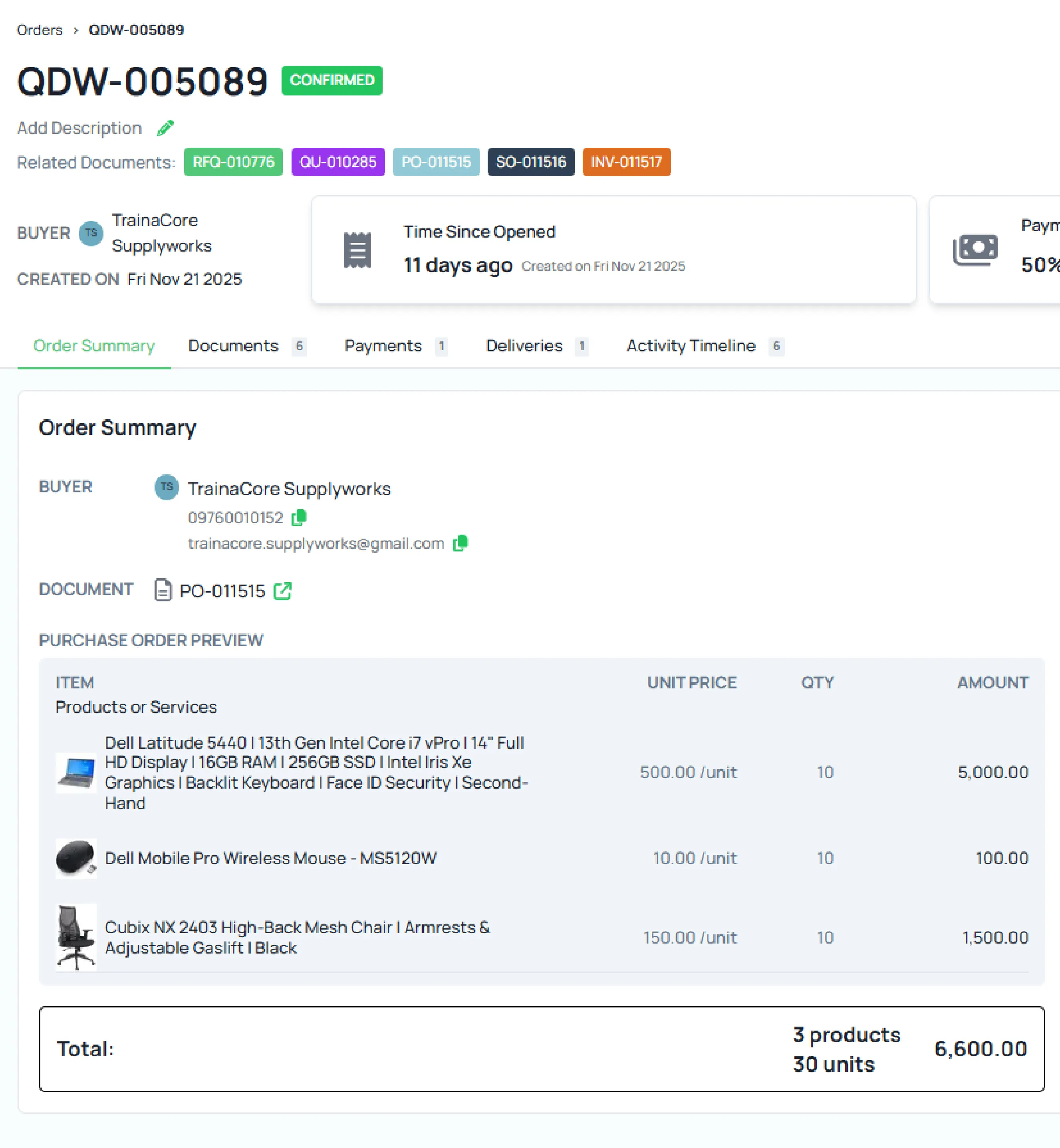 Quotable AI order QDW-005089 summary showing confirmed purchase order with laptops, mouse, and chair items.