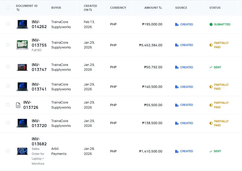 Quotable AI Invoice transaction table showing document IDs, buyers, creation dates, currency amounts, and payment statuses
