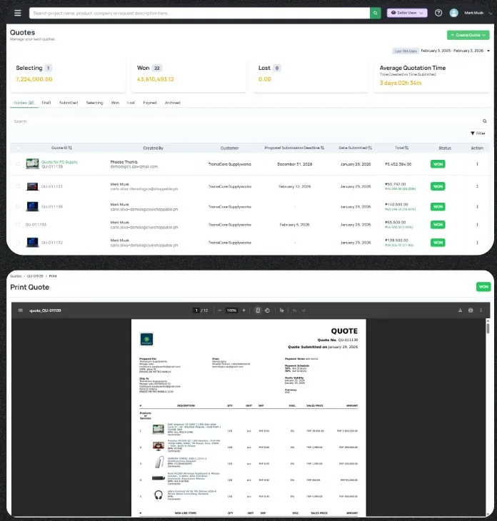 Quotable AI Quote management dashboard showing sales data with won, lost, and average quotation time metrics