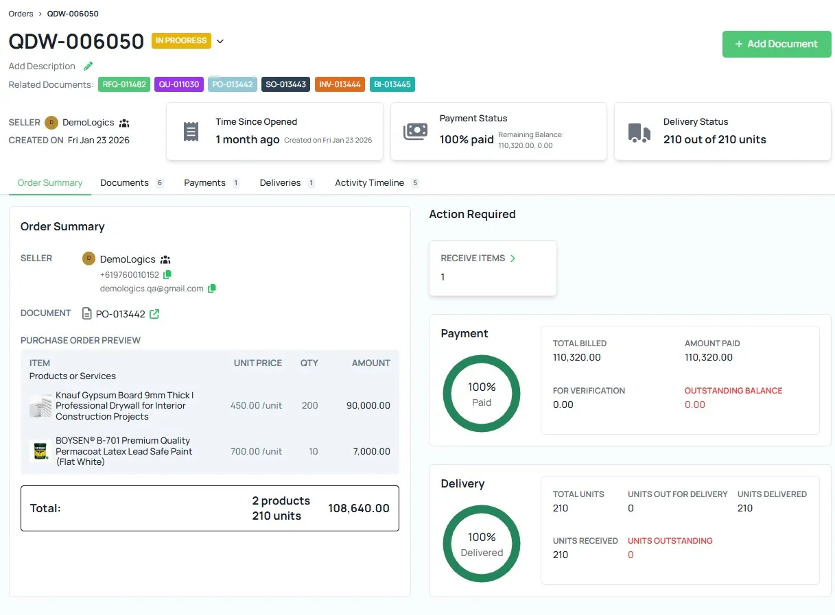 Quotable AI Order QDW-006050 in progress from DemoLogics showing 100% paid and 100% delivered status