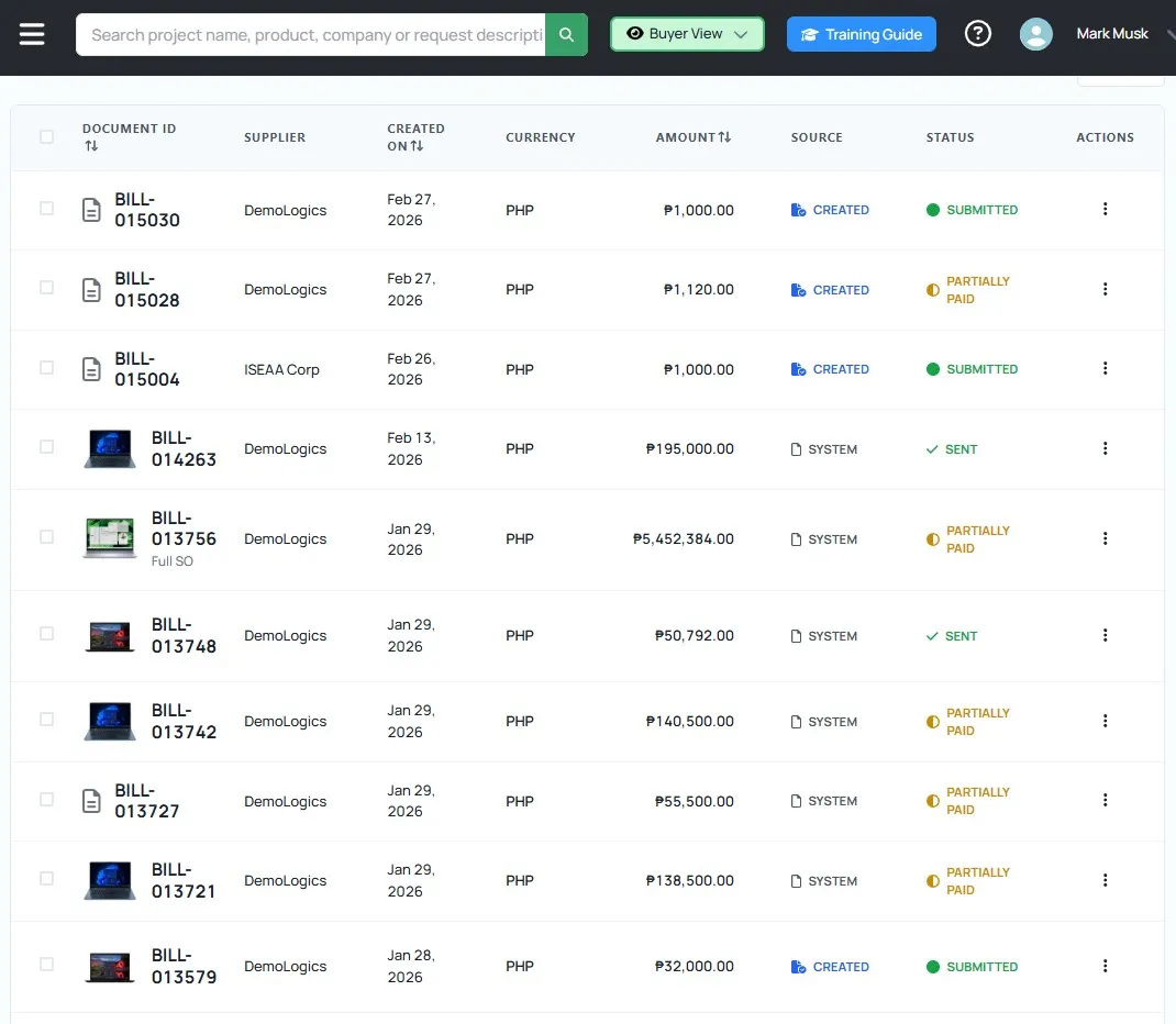 Quotable AI Bill document list table with supplier details, amounts, statuses, and actions