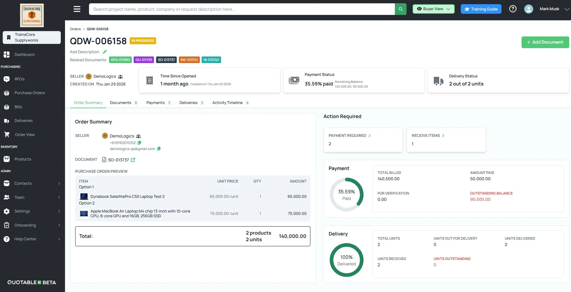 Quotable AI Order QDW-006158 summary showing payment status, delivery tracking, and purchase order details