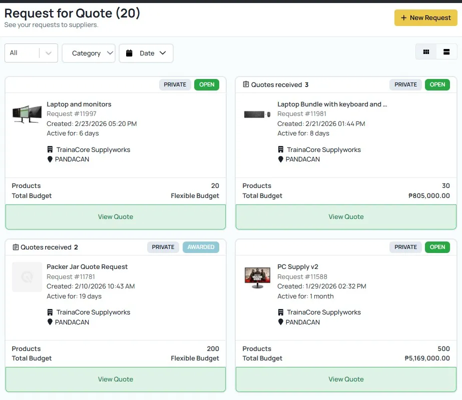 Request for Quote Quotable AI interface showing multiple product quote requests with details and budget information.