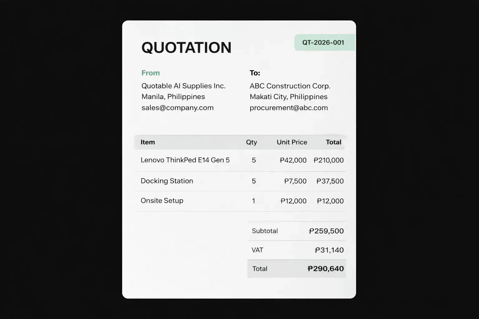 Quotation document from Quotable AI Supplies to ABC Construction showing laptop and docking station pricing totaling ₱290,640