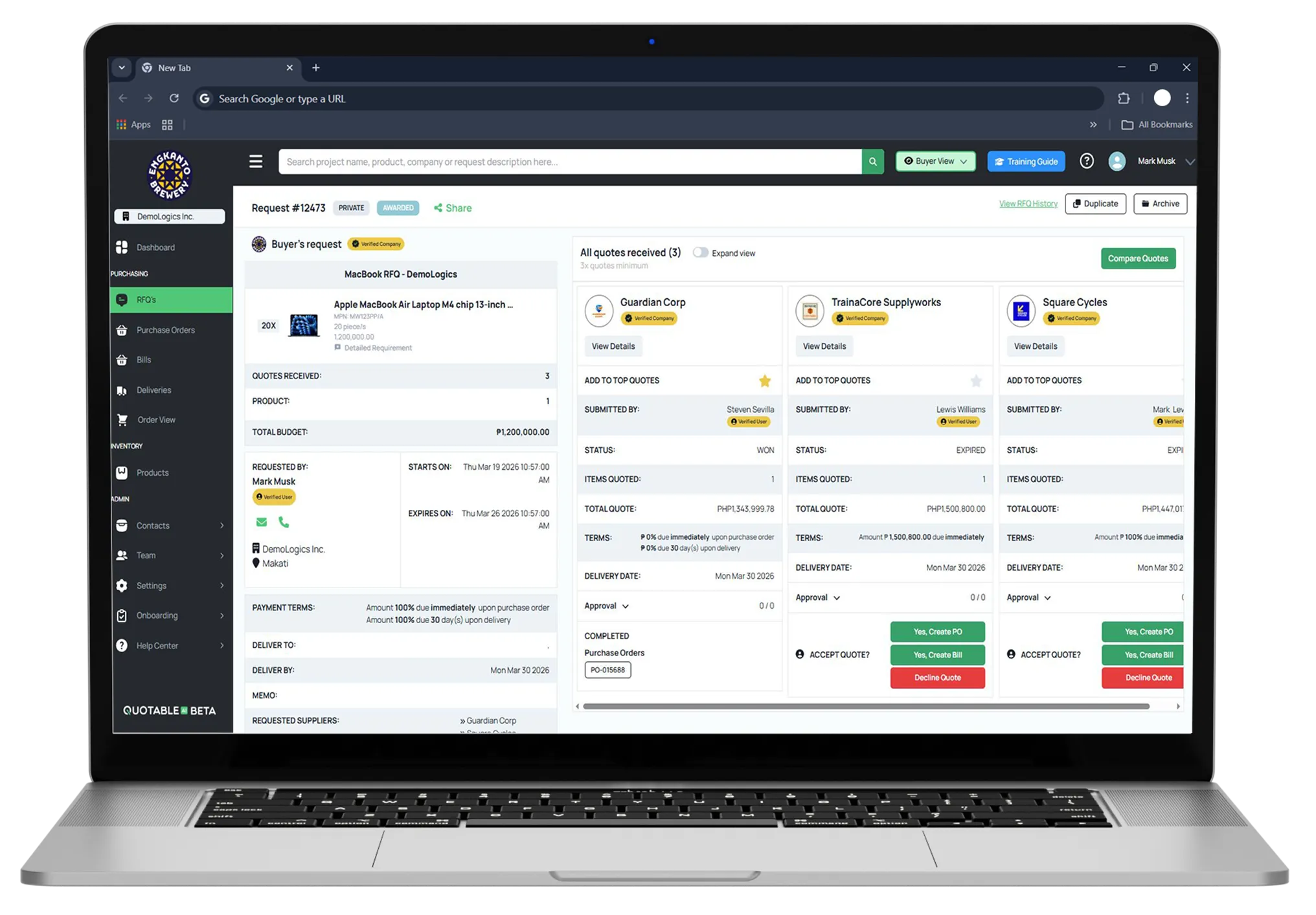 Laptop displaying Quotable procurement platform with RFQ request showing three vendor quotes from Guardian Corp, TrainCore Supplyworks, and Square Cycles.