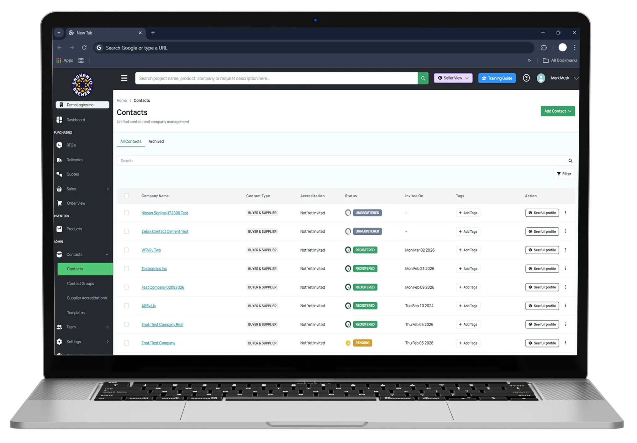 DemoLogics CRM interface showing contacts management table with buyer and supplier information