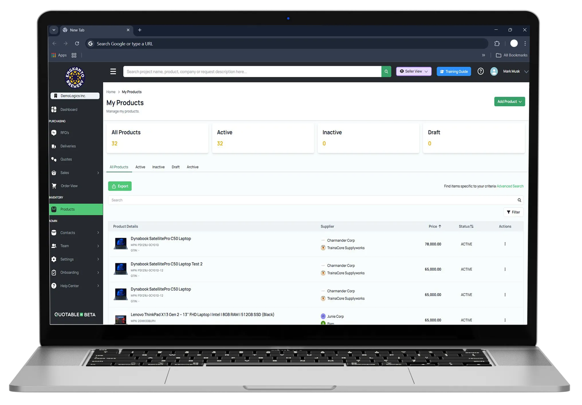 Product management dashboard displaying 32 active products with pricing and supplier details in table format