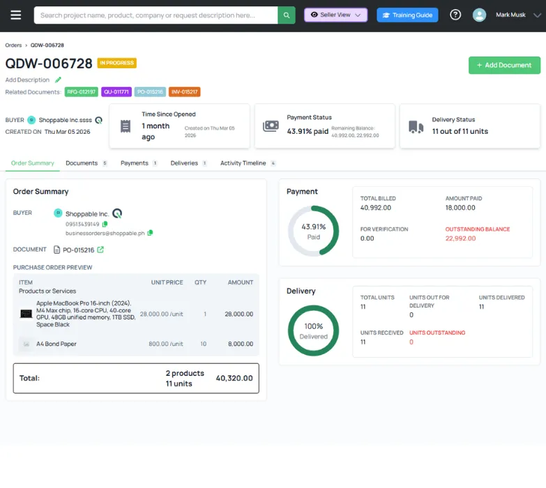 Order summary dashboard showing order QDW-006728 in progress for Shoppable Inc. with payment 43.91% paid, 11 out of 11 units delivered, and product details including Apple MacBook Pro and A4 Bond Paper totaling 40,320.00.