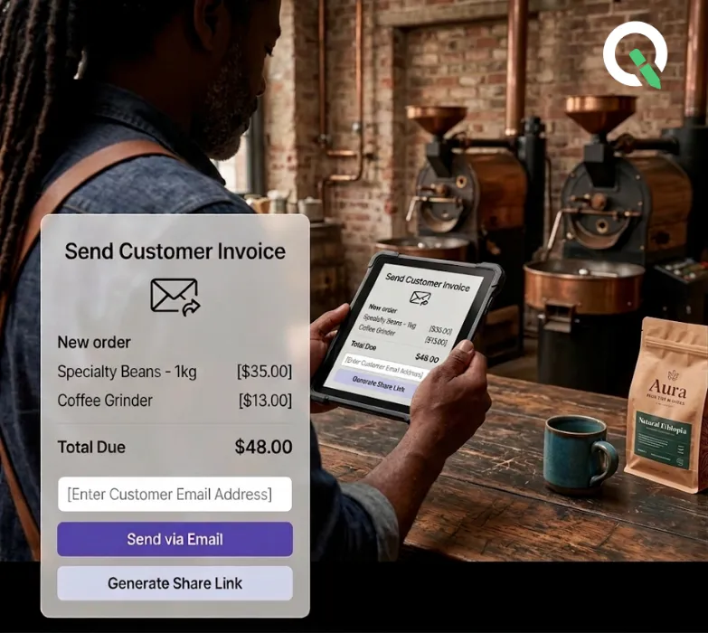 Man in a coffee shop holding a tablet displaying a customer invoice for specialty beans and a coffee grinder, with options to send via email or generate a share link.