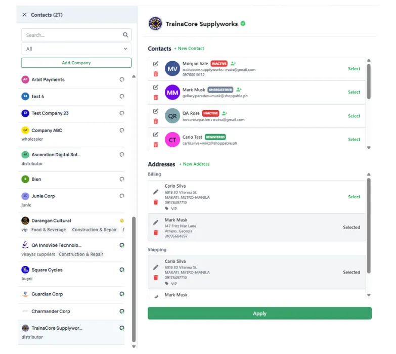 User interface of Quotable AI contact management displaying contacts with status tags, email addresses, phone numbers, and addresses for billing and shipping, with options to edit or delete entries.