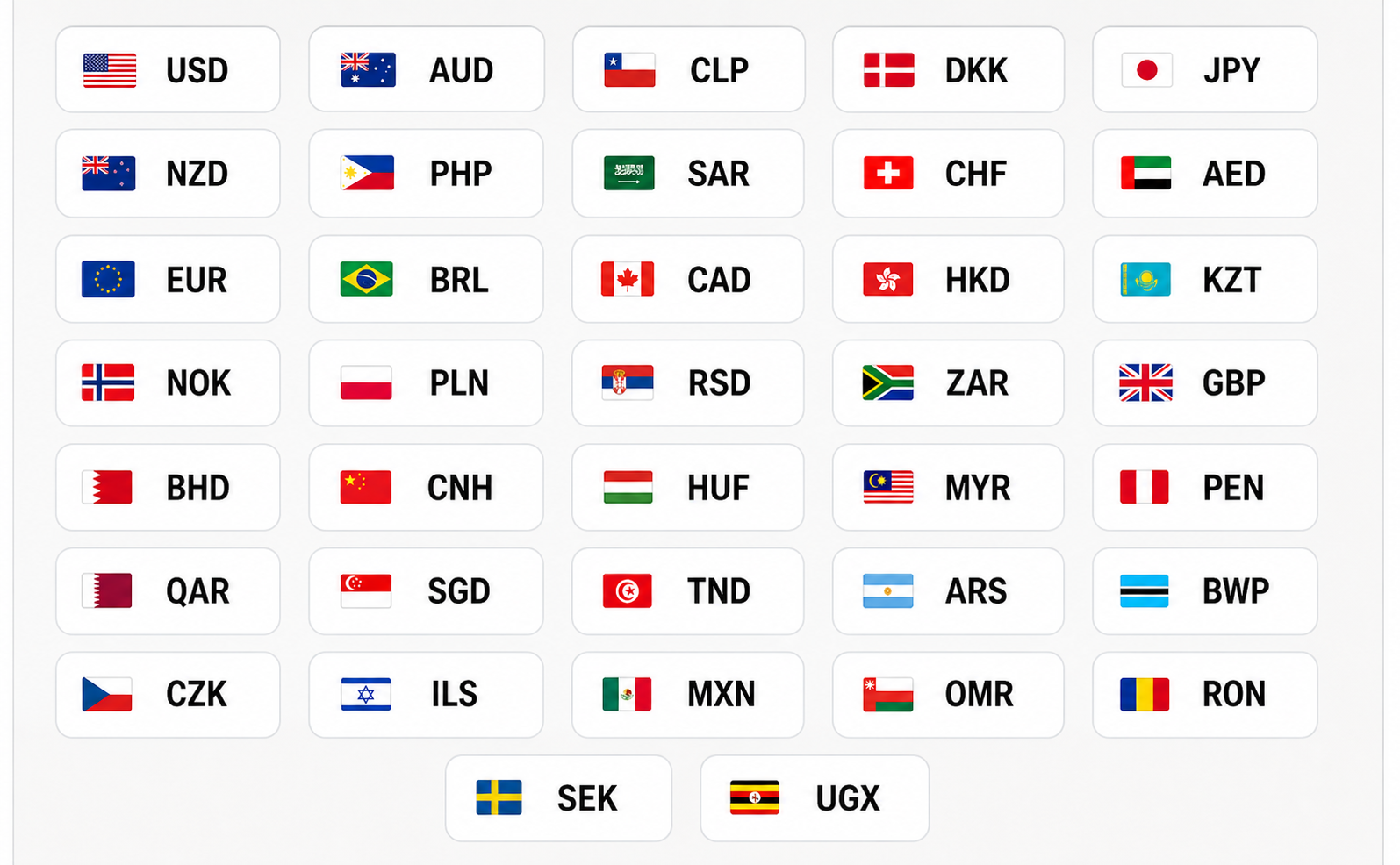 Priority global payment currencies shown with flags and currency codes