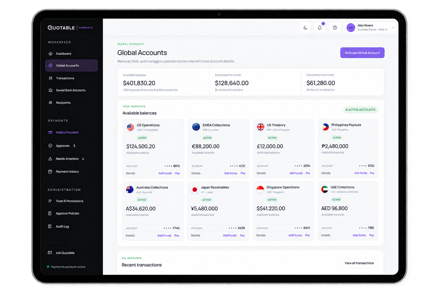Quotable Payments Global Accounts dashboard displayed on a tablet