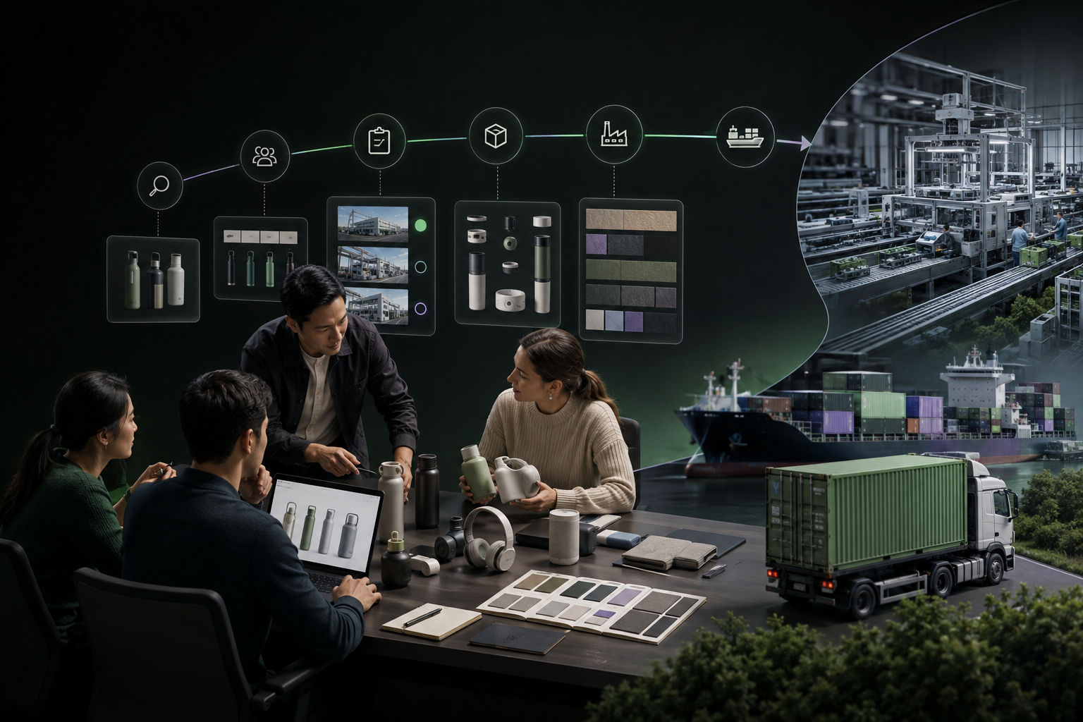 Procurement team coordinating product sourcing, factory evaluation, supplier quotes, and international logistics