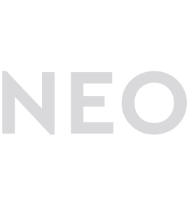 NEO logo in light gray letters on white background