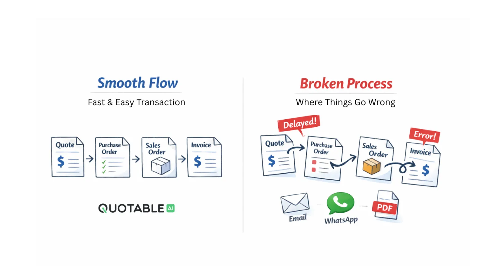 Comparison showing smooth transaction flow versus broken process with delays and errors in QuotableAI system
