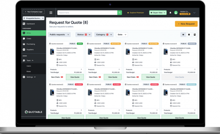 Dashboard showing multiple request for quote cards with status, category, and budget information displayed.