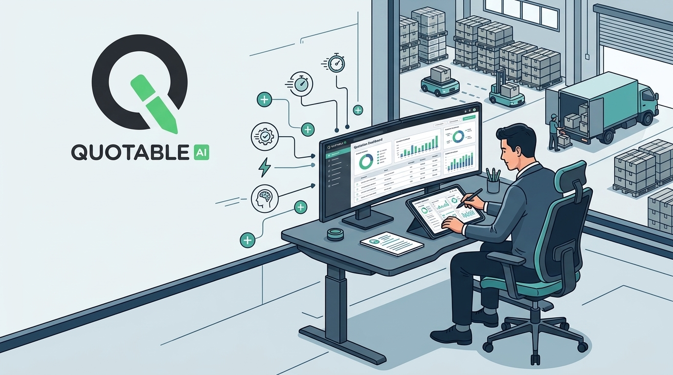 Quotable AI dashboard showing warehouse logistics and data analytics on computer screen