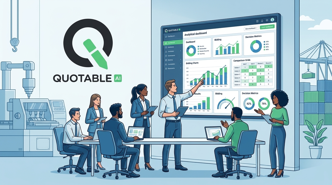 Business team presents Quotable AI analytics dashboard with charts and metrics in office