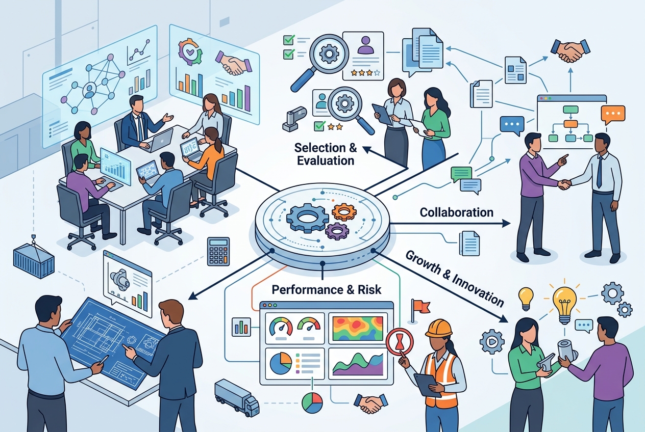 Illustration of business operations hub showing selection, evaluation, collaboration, growth, innovation, performance and risk management with diverse employees.