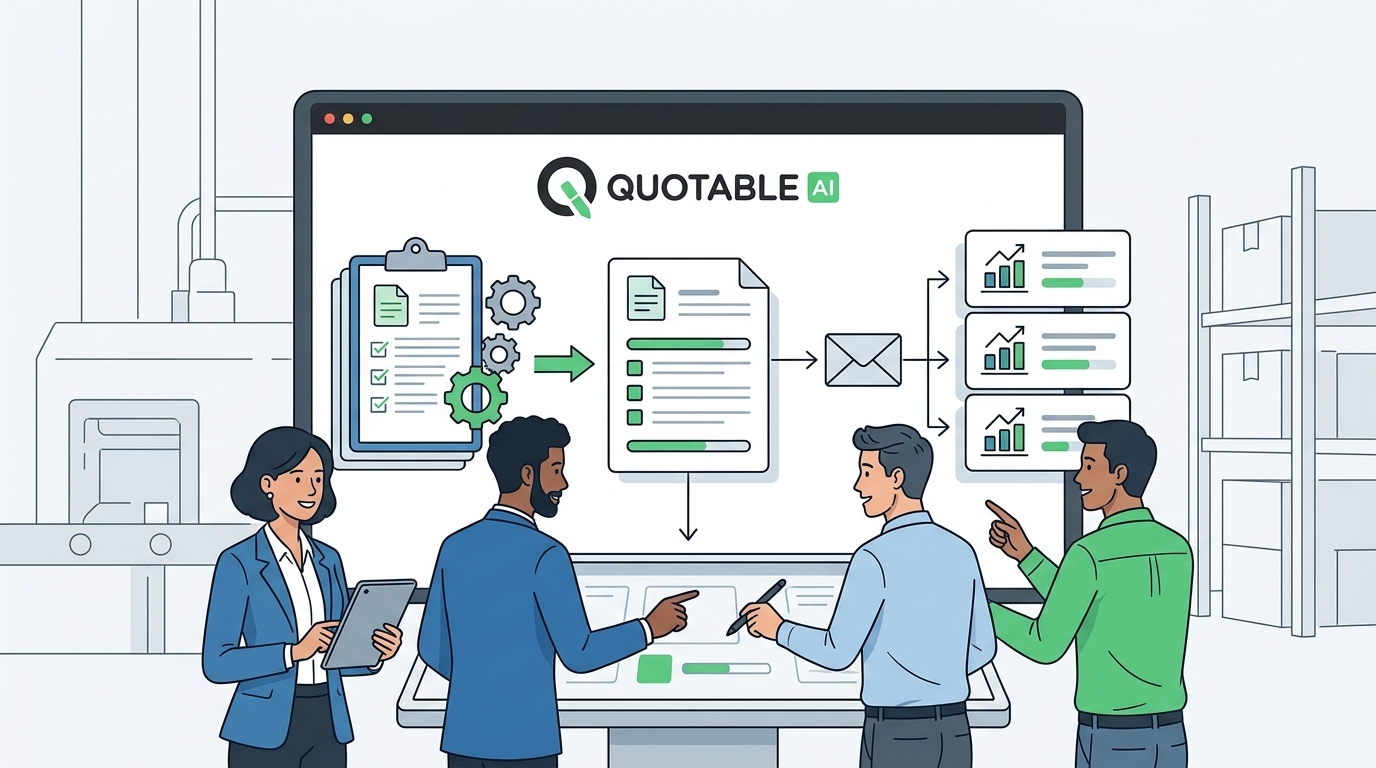 Quotable AI workflow showing team members processing documents into email reports and analytics dashboards