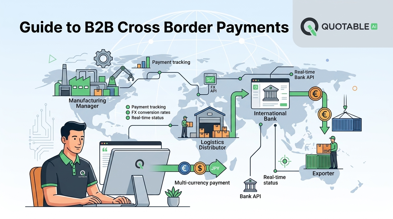 Guide to B2B Cross Border Payments infographic showing manufacturing, logistics, and export payment flow