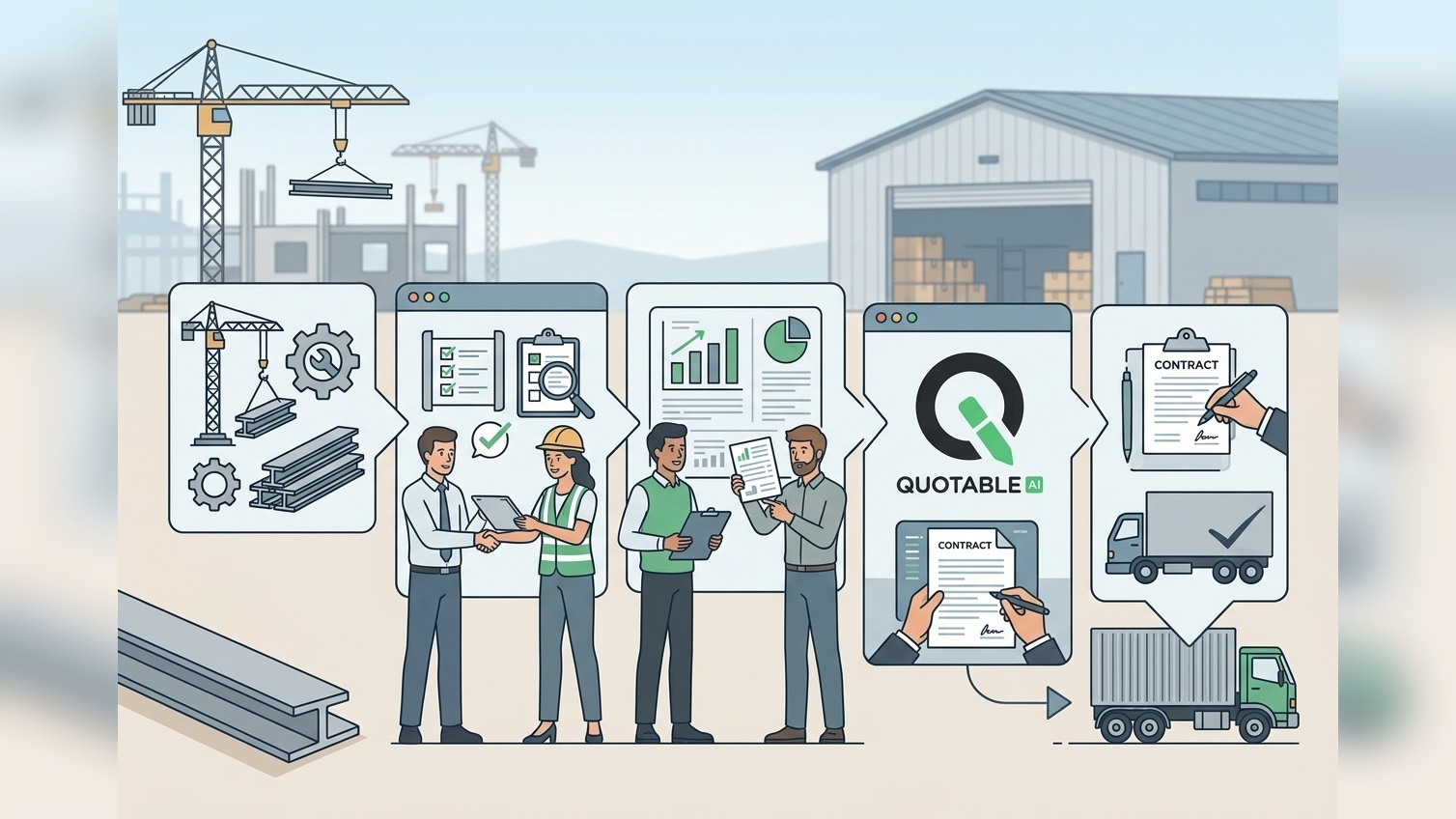 Construction workflow showing planning, coordination, contracts, and logistics management with workers and equipment.