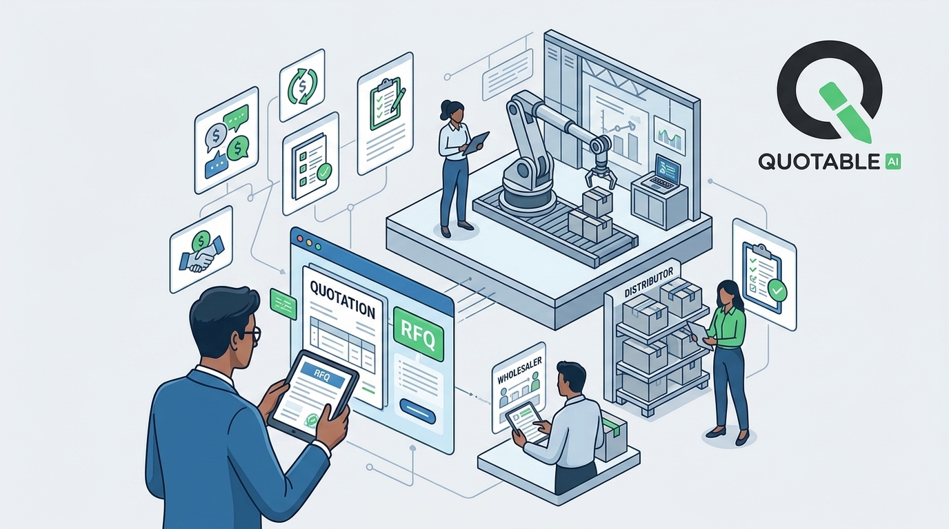 Quotable AI platform showing automated quotation, RFO processing, and supply chain distribution workflow.