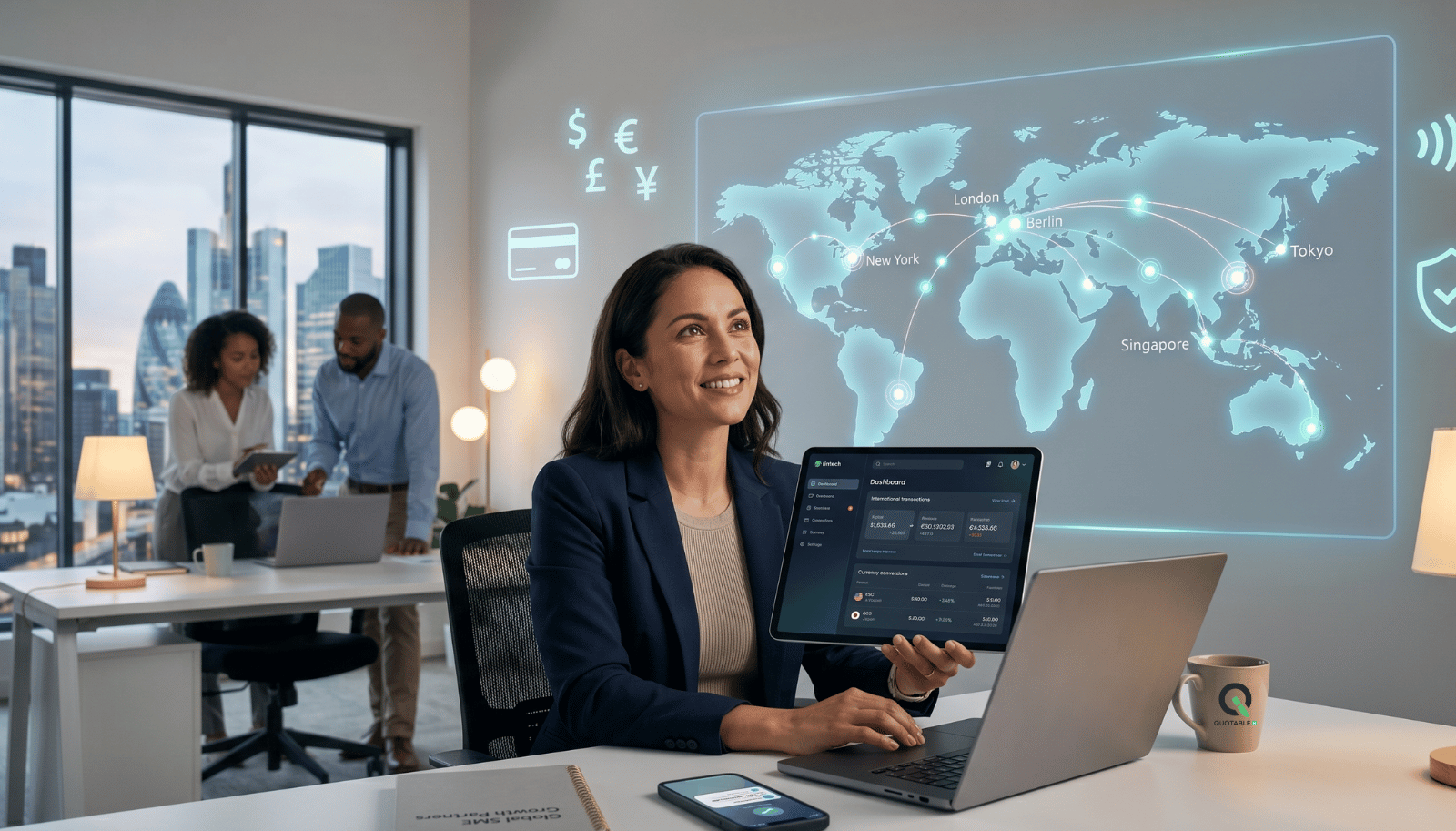 Woman in office holds tablet showing financial dashboard with global world map display on wall behind