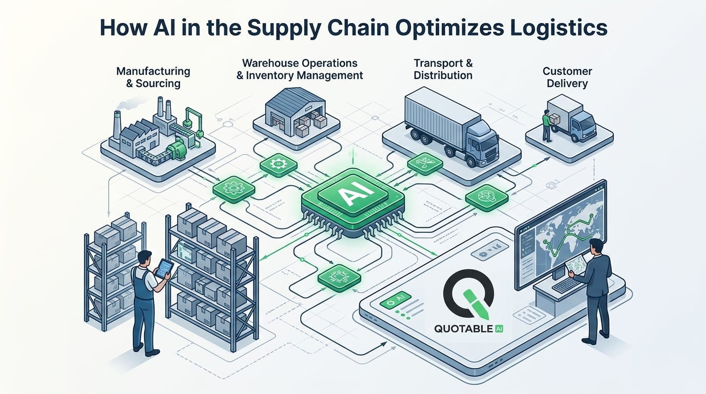 AI chip connecting supply chain stages from manufacturing through warehouse, transport, and customer delivery logistics operations.