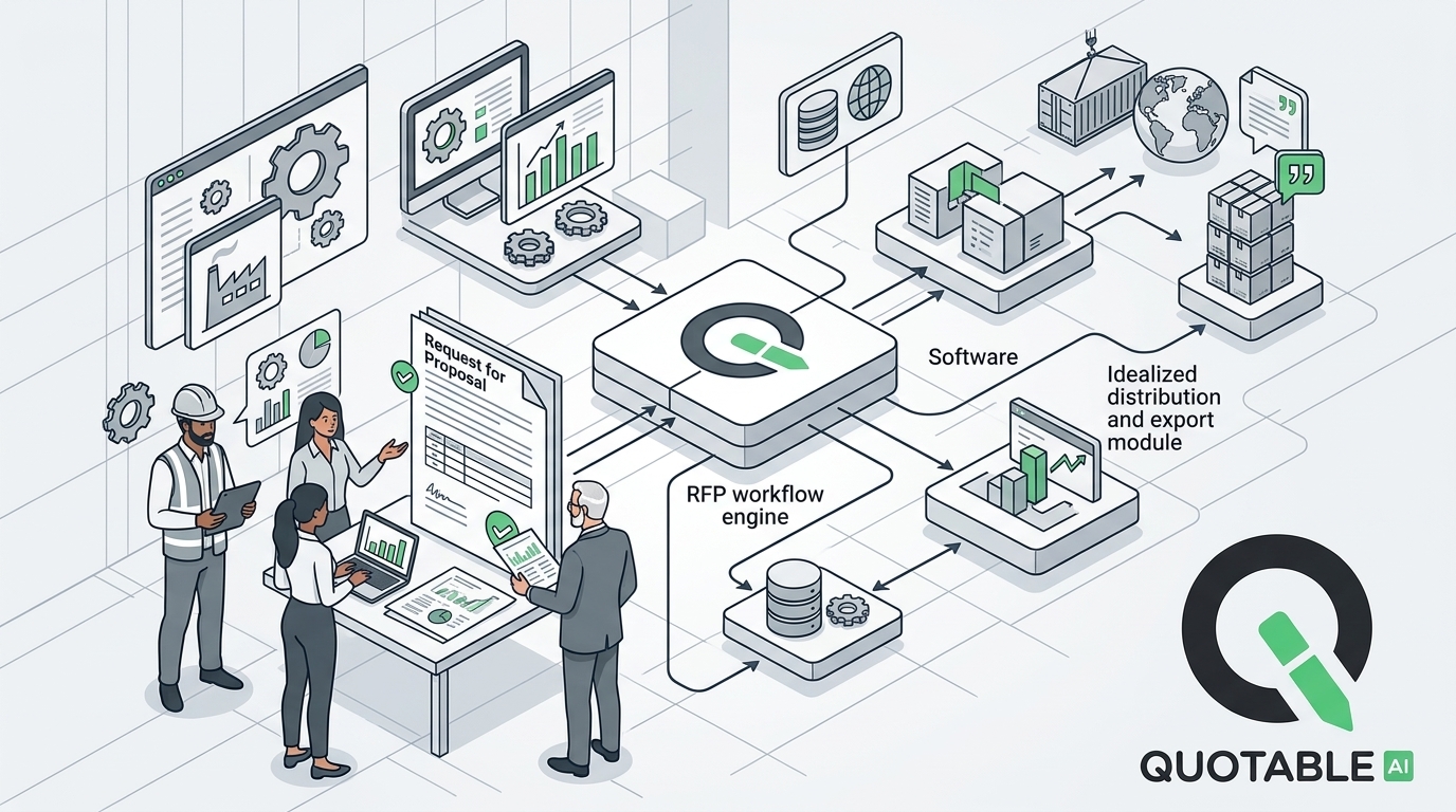 Quotable AI platform diagram showing RFP workflow engine, software distribution, and team collaboration process