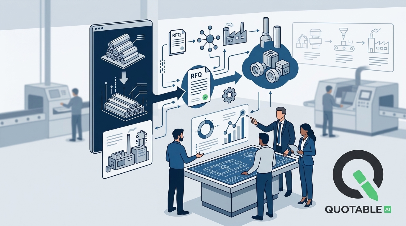 Digital supply chain workflow showing RFQ documents, manufacturing processes, and business team collaboration