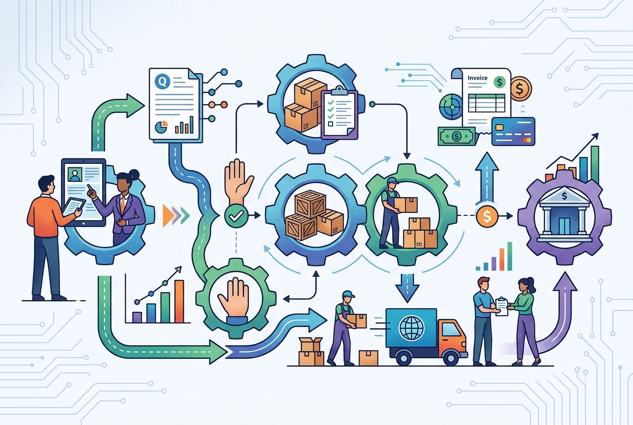 Supply chain management workflow showing data analysis, inventory, packaging, delivery, and financial transactions with connected gears and people.