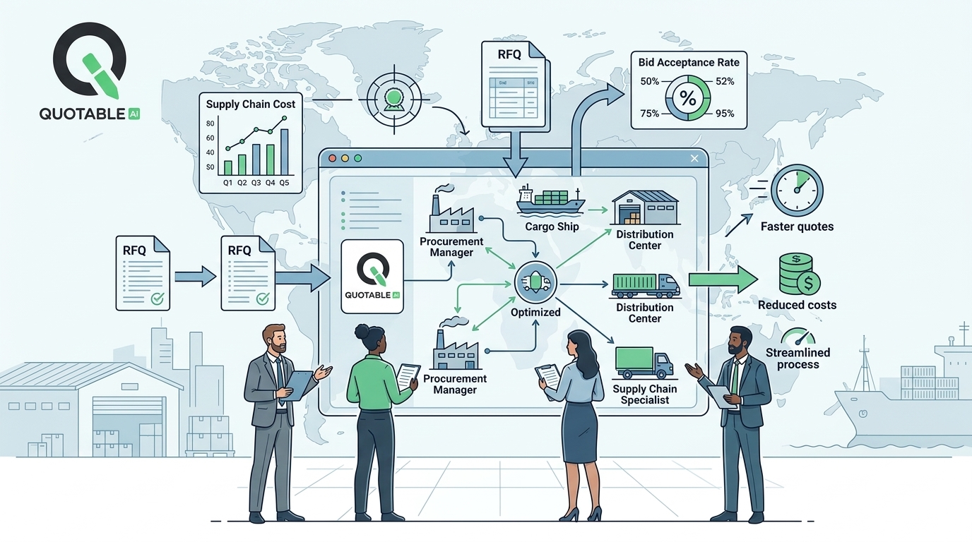 Quotable AI supply chain management workflow showing RFQ processing, procurement optimization, and distribution benefits