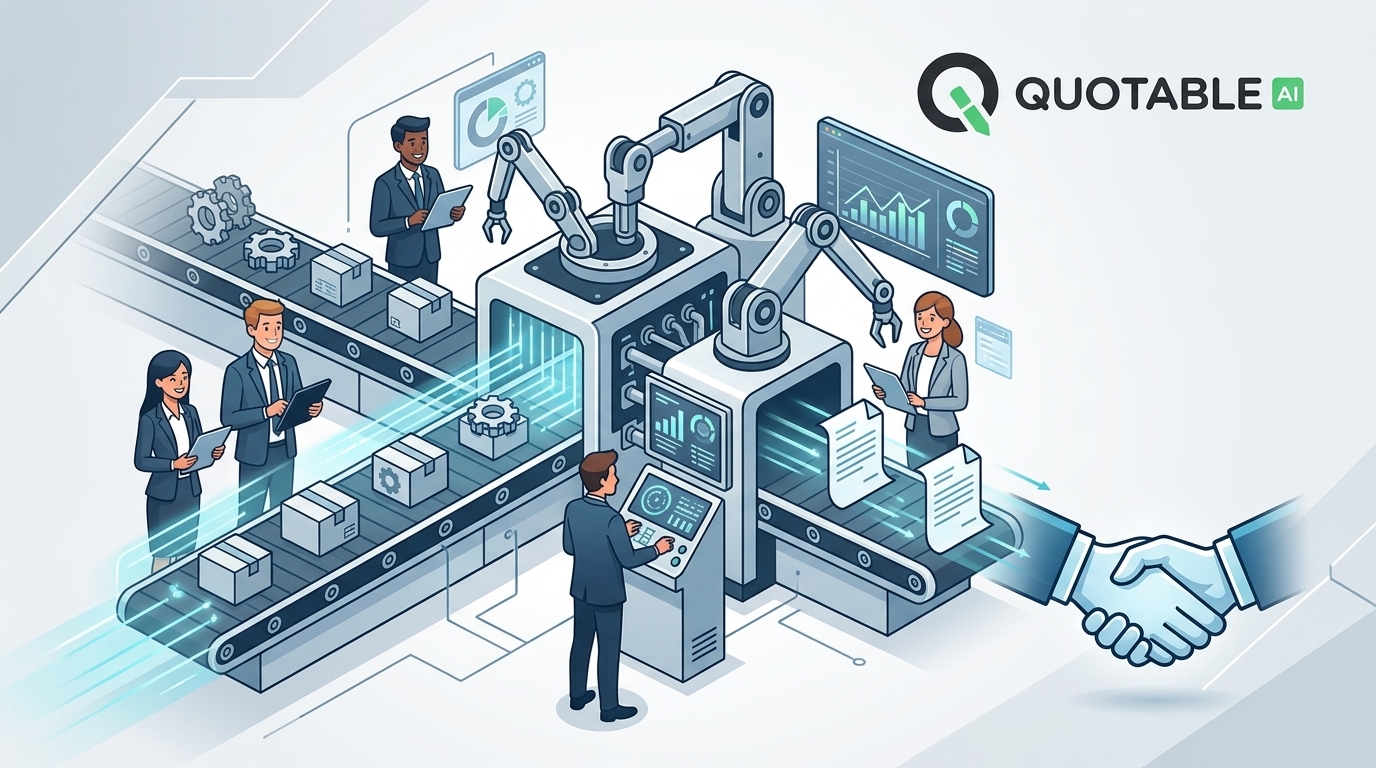Quotable AI: Business professionals operating automated robotic assembly line with data analytics displays.