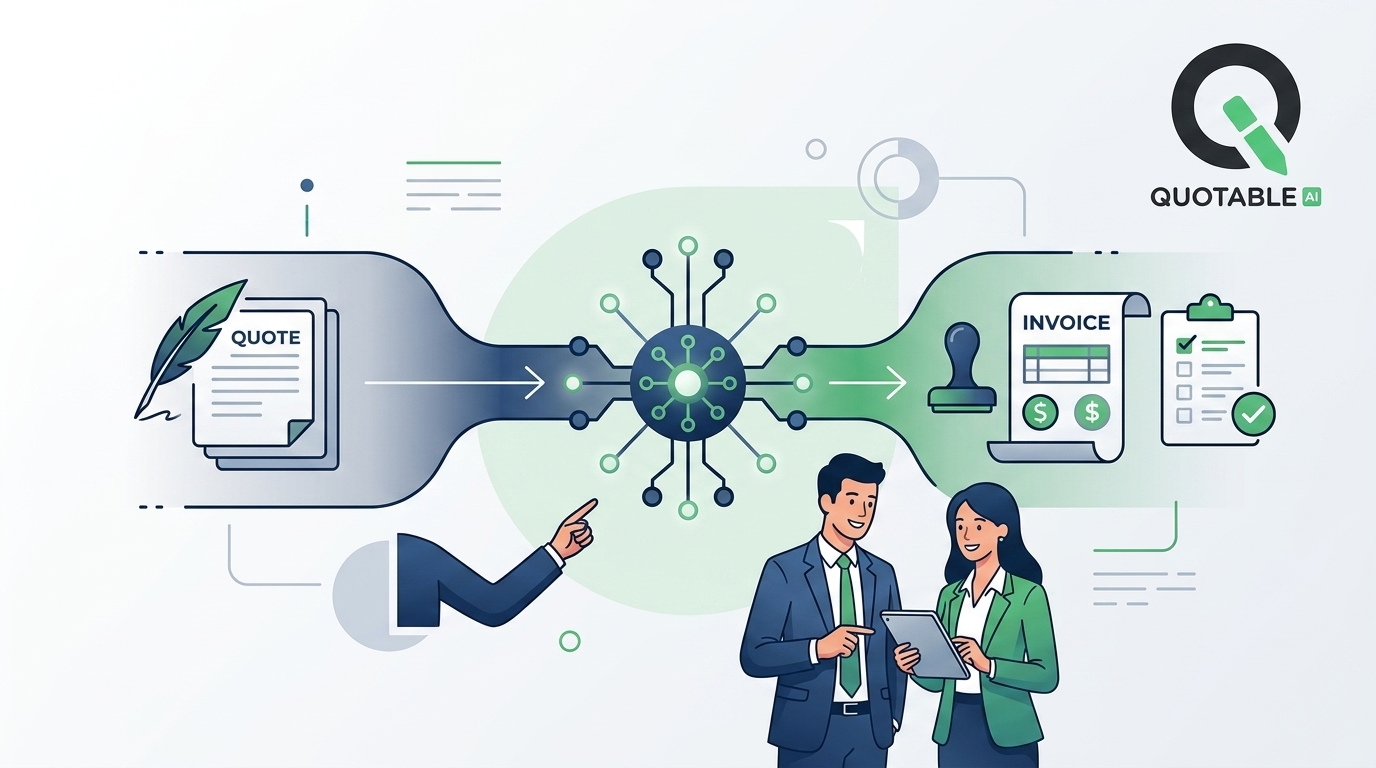 Quote to invoice workflow diagram showing business professionals and Quotable AI platform process