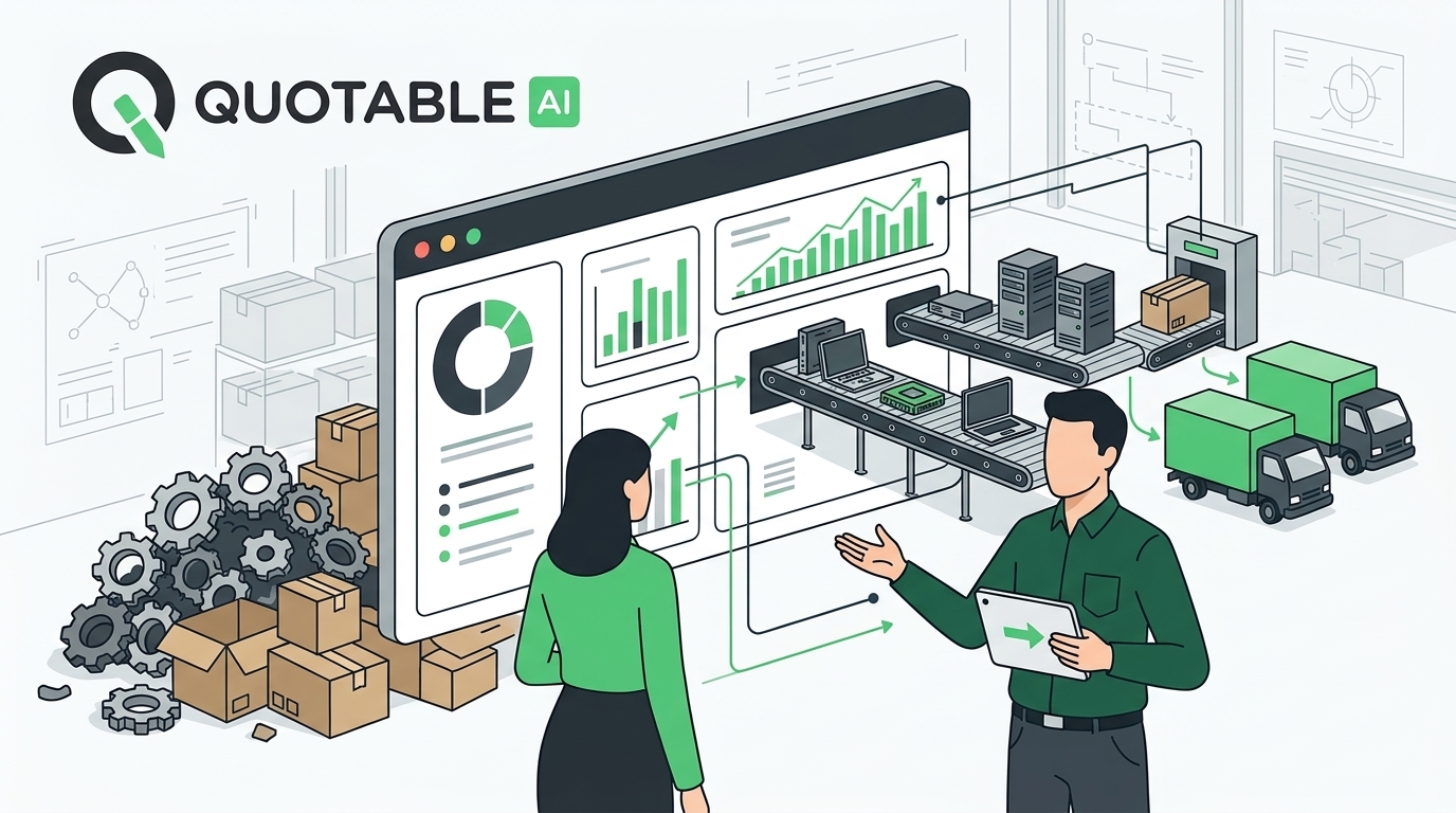 Quotable AI platform showing business analytics, supply chain management, and data visualization with workers