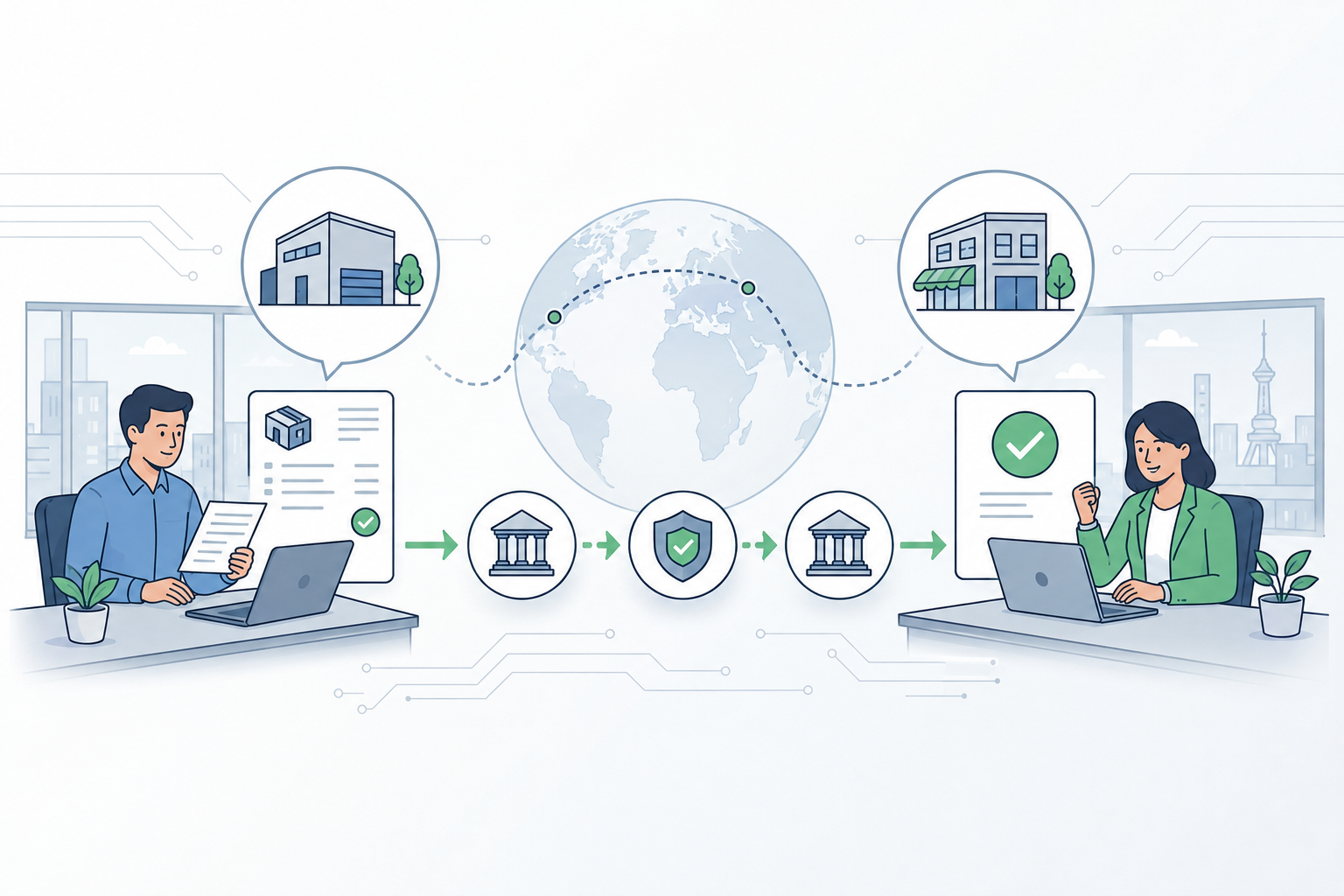 Cross-border payment connecting a sender and Recipient business through banks
