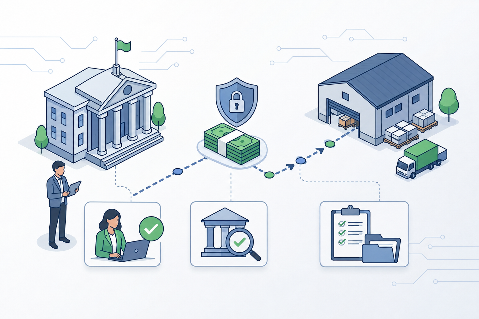 Secure business money transfer from a company treasury to a supplier warehouse