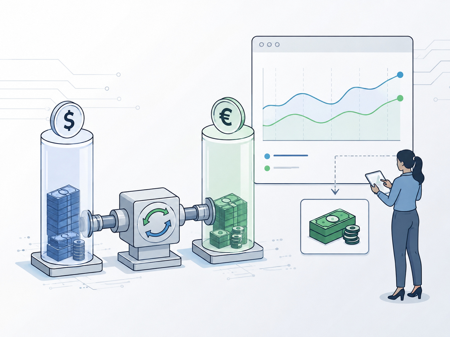 Finance professional comparing values across a foreign exchange conversion