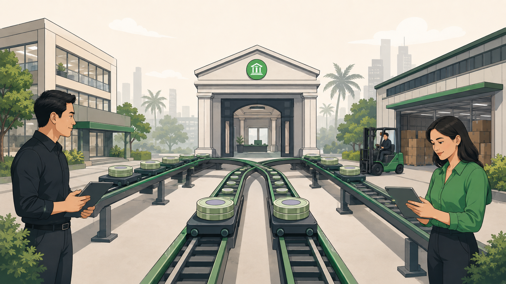 Payment tokens moving along financial rails between businesses