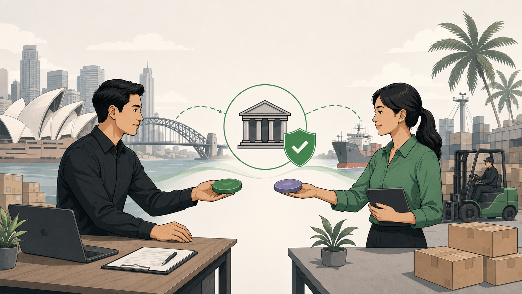 Australian buyer and Philippine supplier exchanging value through a bank