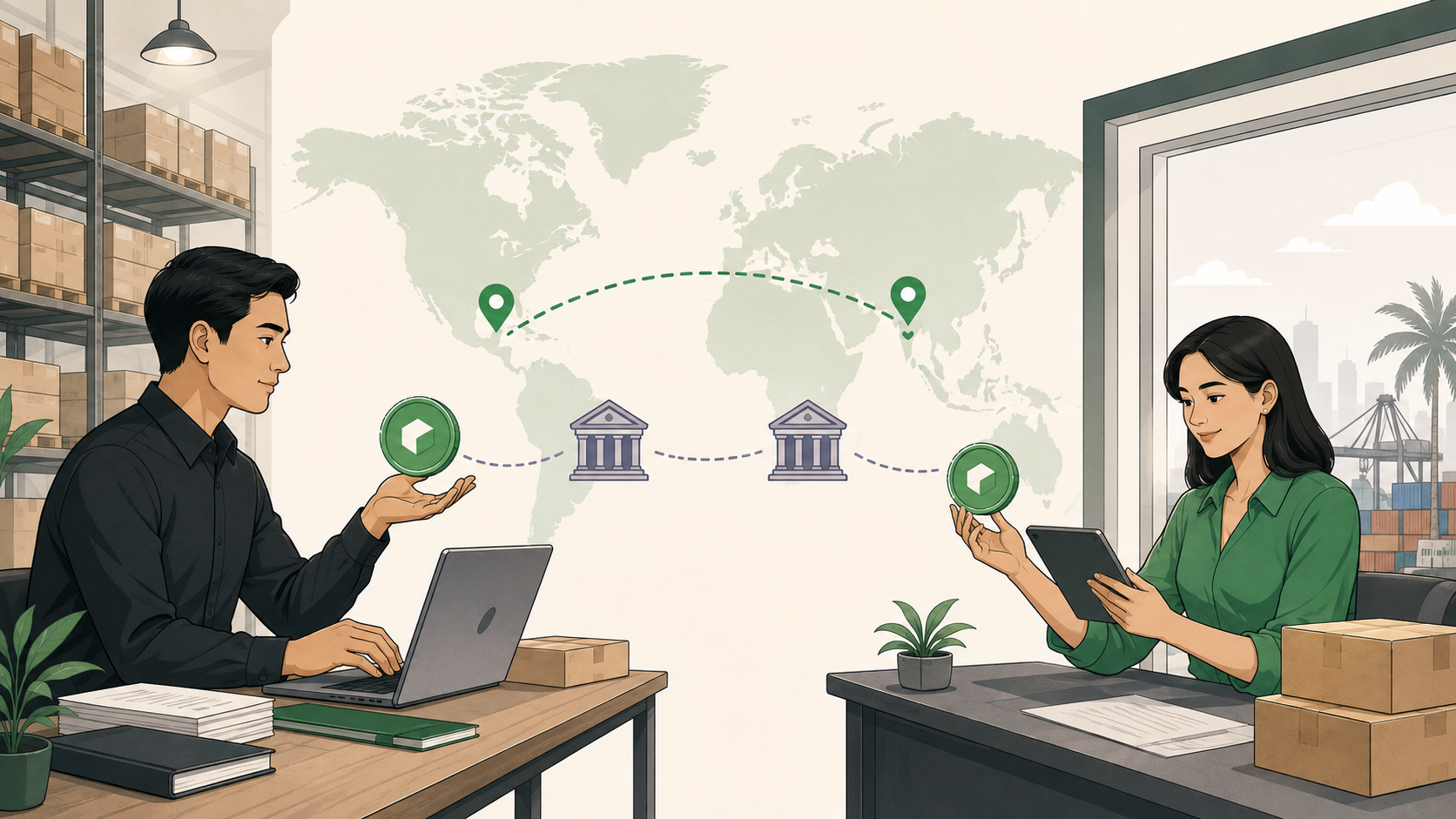 Same-colored value moving between businesses across borders