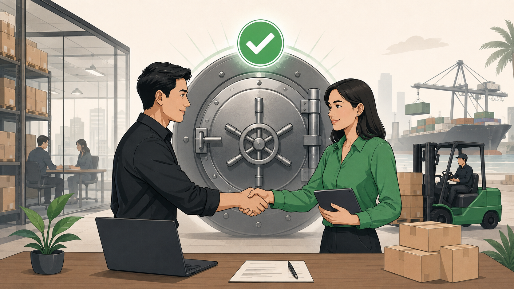 Completed business payment secured behind a closed vault