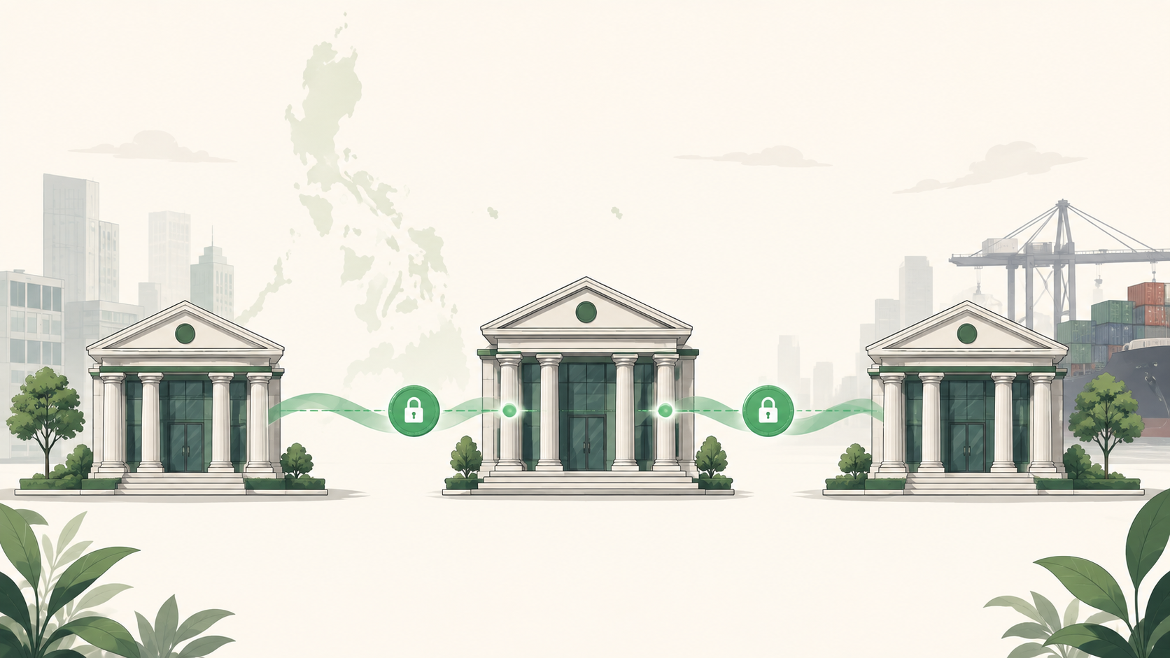Three banks showing an intermediary bank in the middle of a payment route